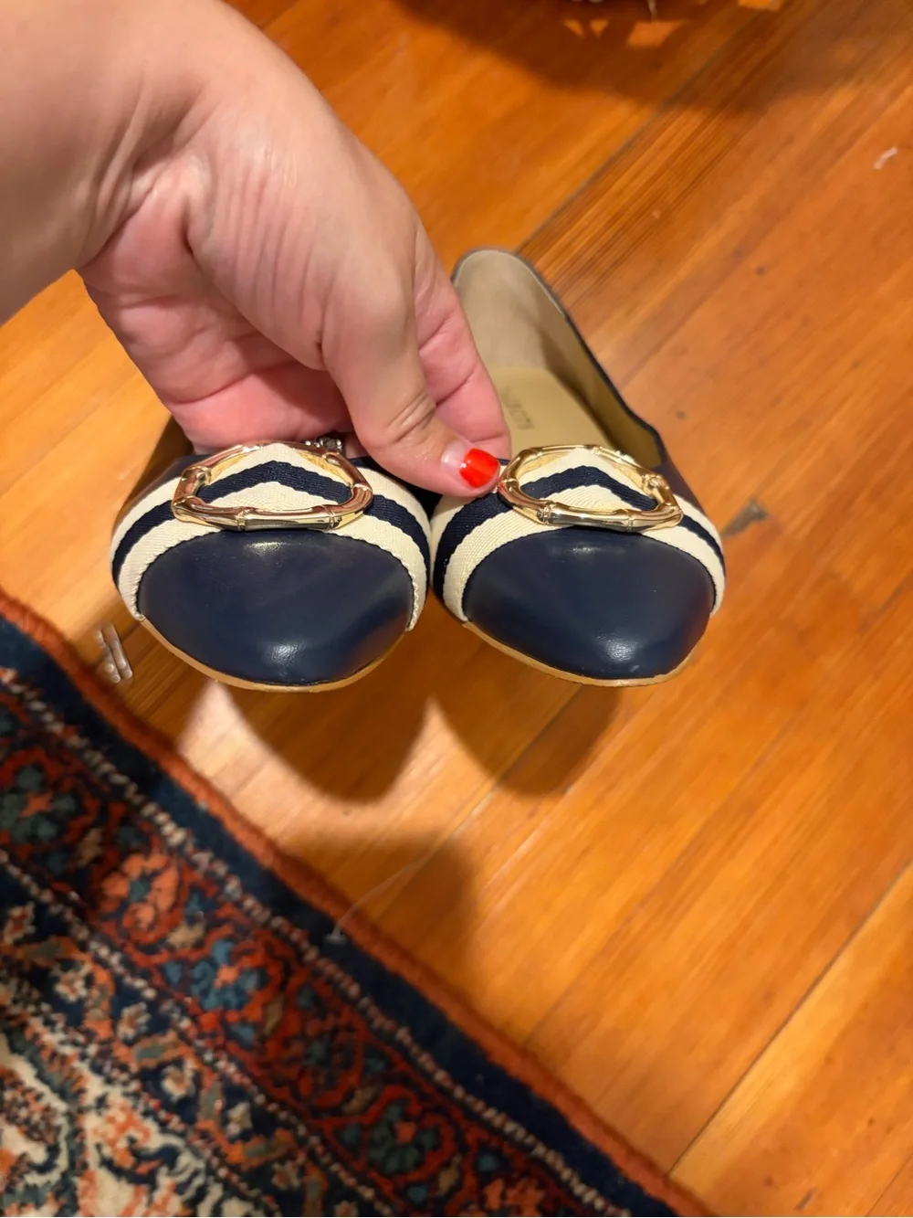 Talbots Navy Pointed-Toe Flats with Striped Ribbon and Gold Buckle